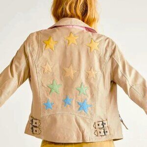 Mauritius Christy Rainbow Star Leather Biker Moto Jacket EU Large US 10